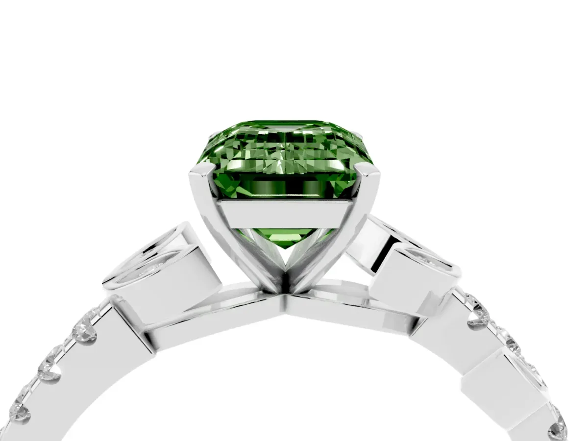 Fancy Green Emerald Cut Solitaire Leaf-Inspired Diamond Ring with Pavé Band and Four-Prong Setting Silver