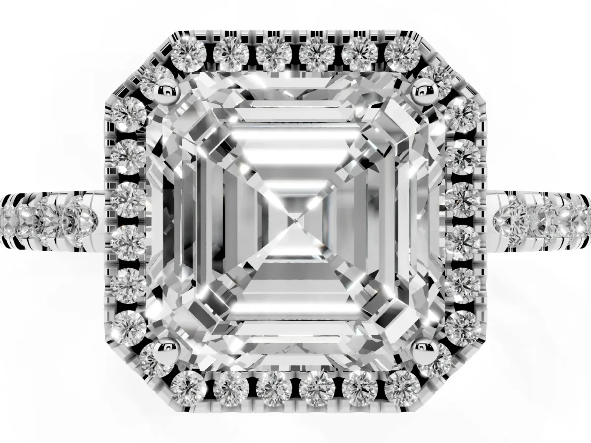 Asscher Cut Halo Diamond Engagement Ring with Pavé Band and Four-Prong Setting Silver