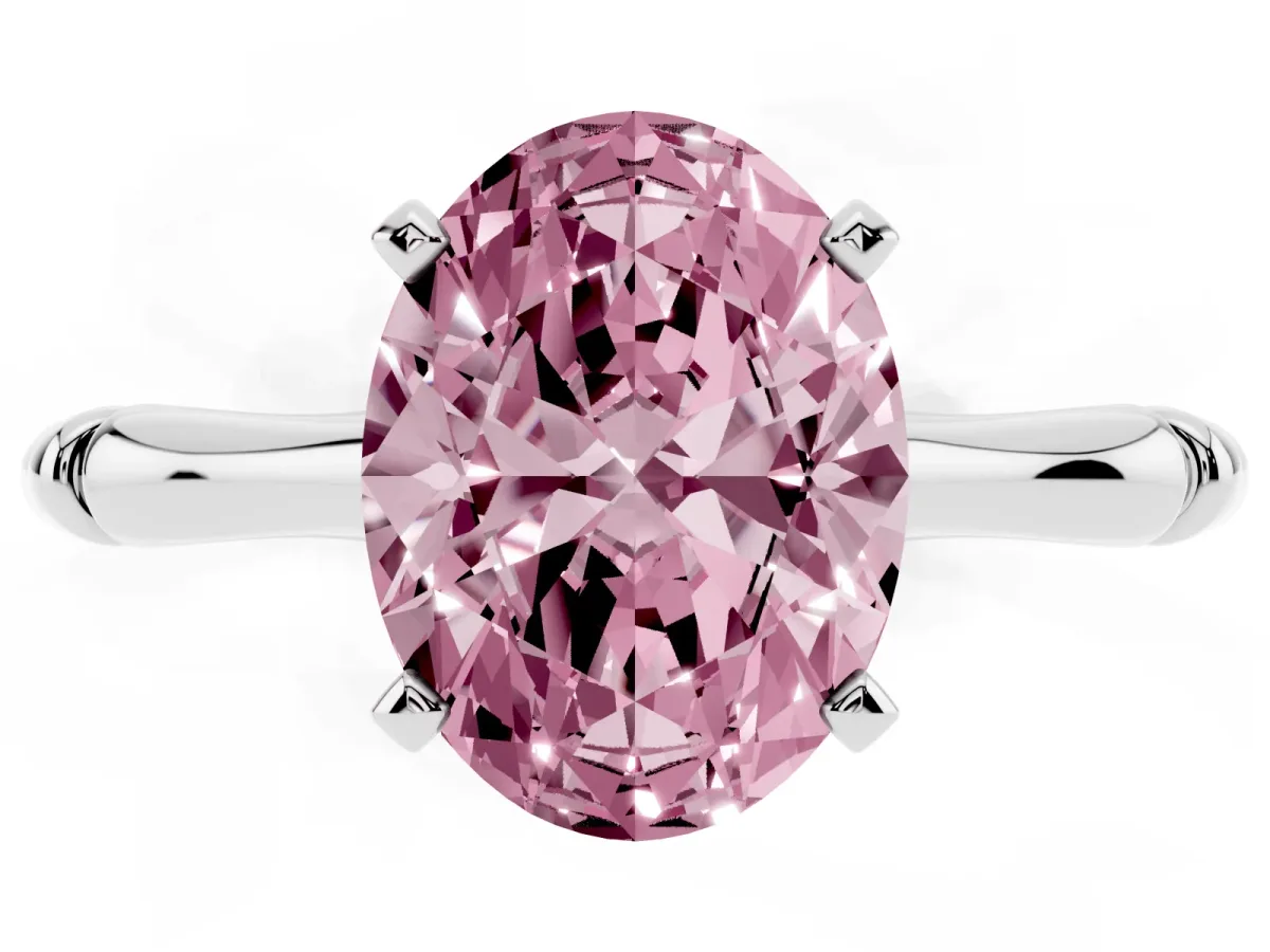 Fancy Pink Oval Cut Solitaire Diamond Ring with Bamboo Band and Four-Prong Setting Silver