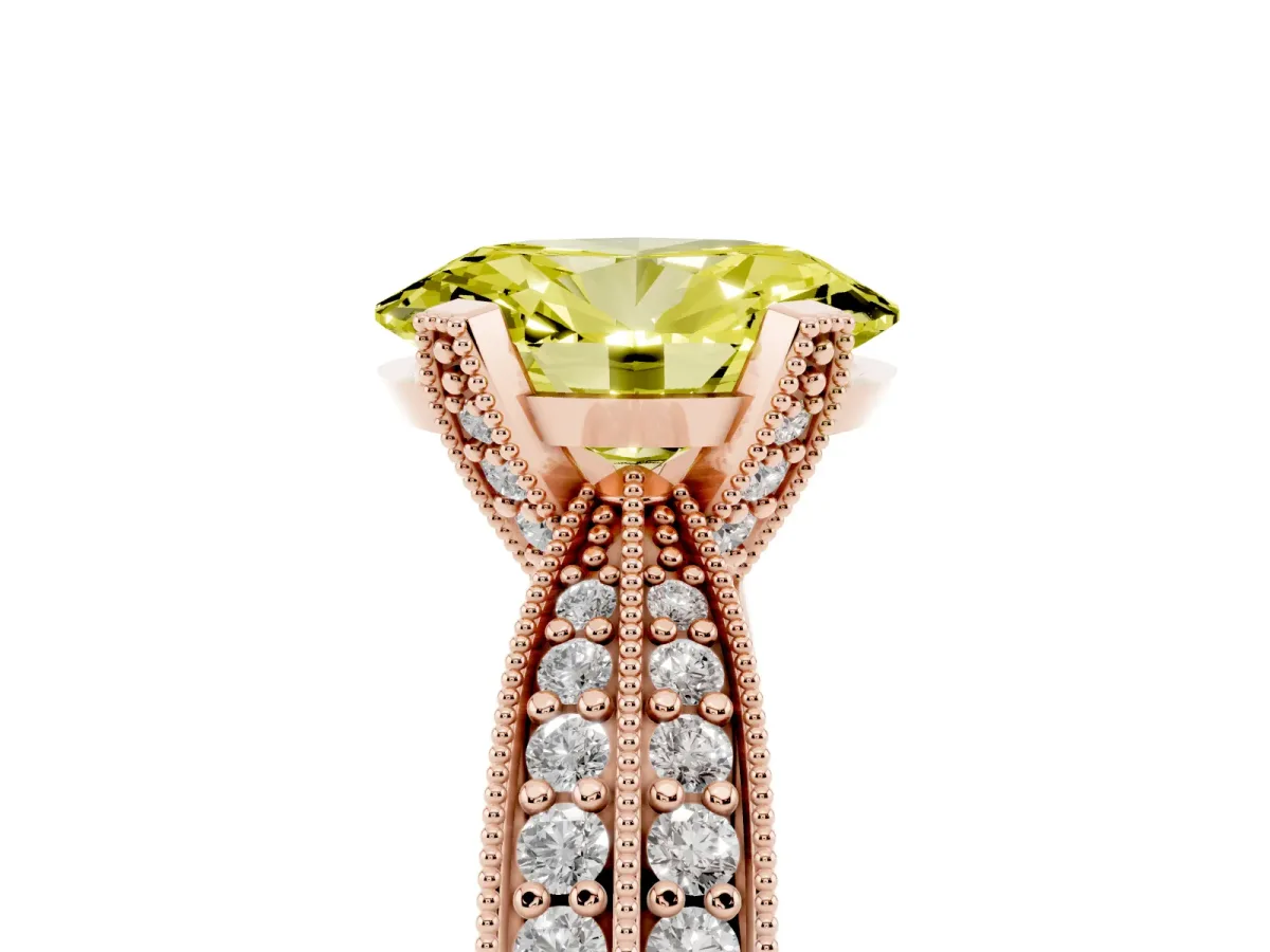 Fancy Yellow Oval Cut Diamond Solitaire Ring with Milgrain Round Pavé Band and Prong Setting Rose gold