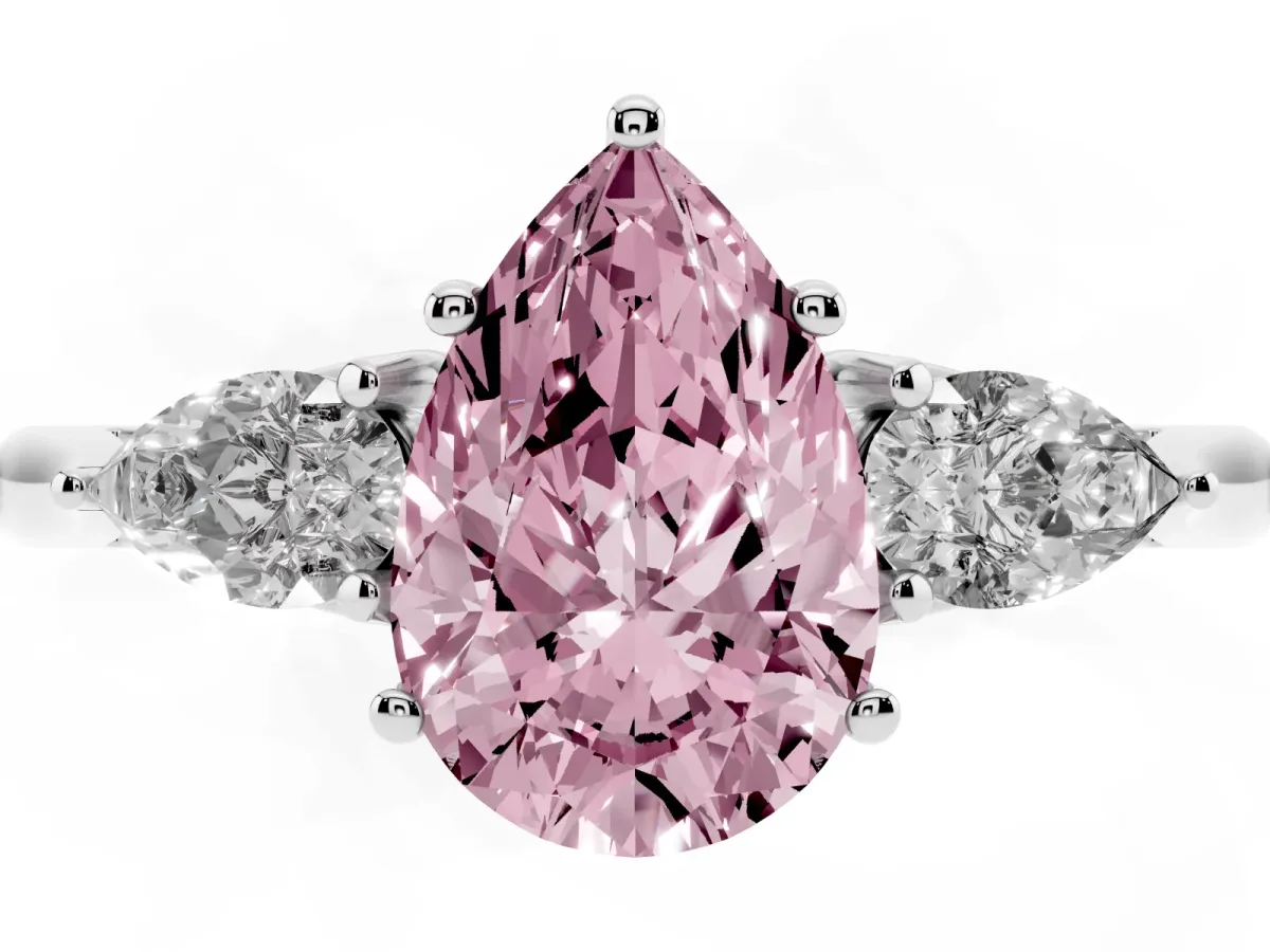 Fancy Pink Pear Cut Diamond Three-Stone Ring with Pear Side Stones and Prong Setting Silver