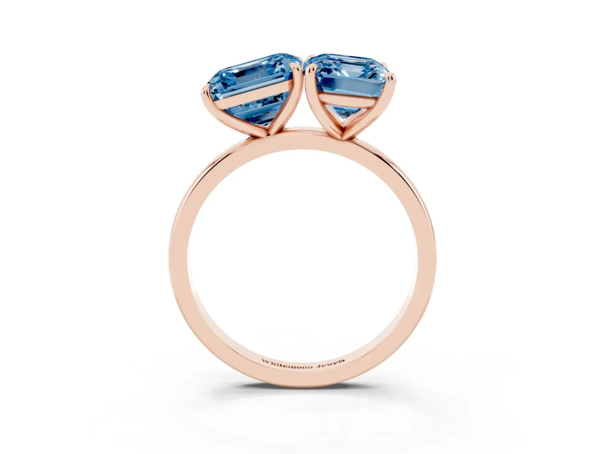 Fancy Blue Asscher Cut and Emerald Cut Toi Moi Ring with Prong Setting Rose gold
