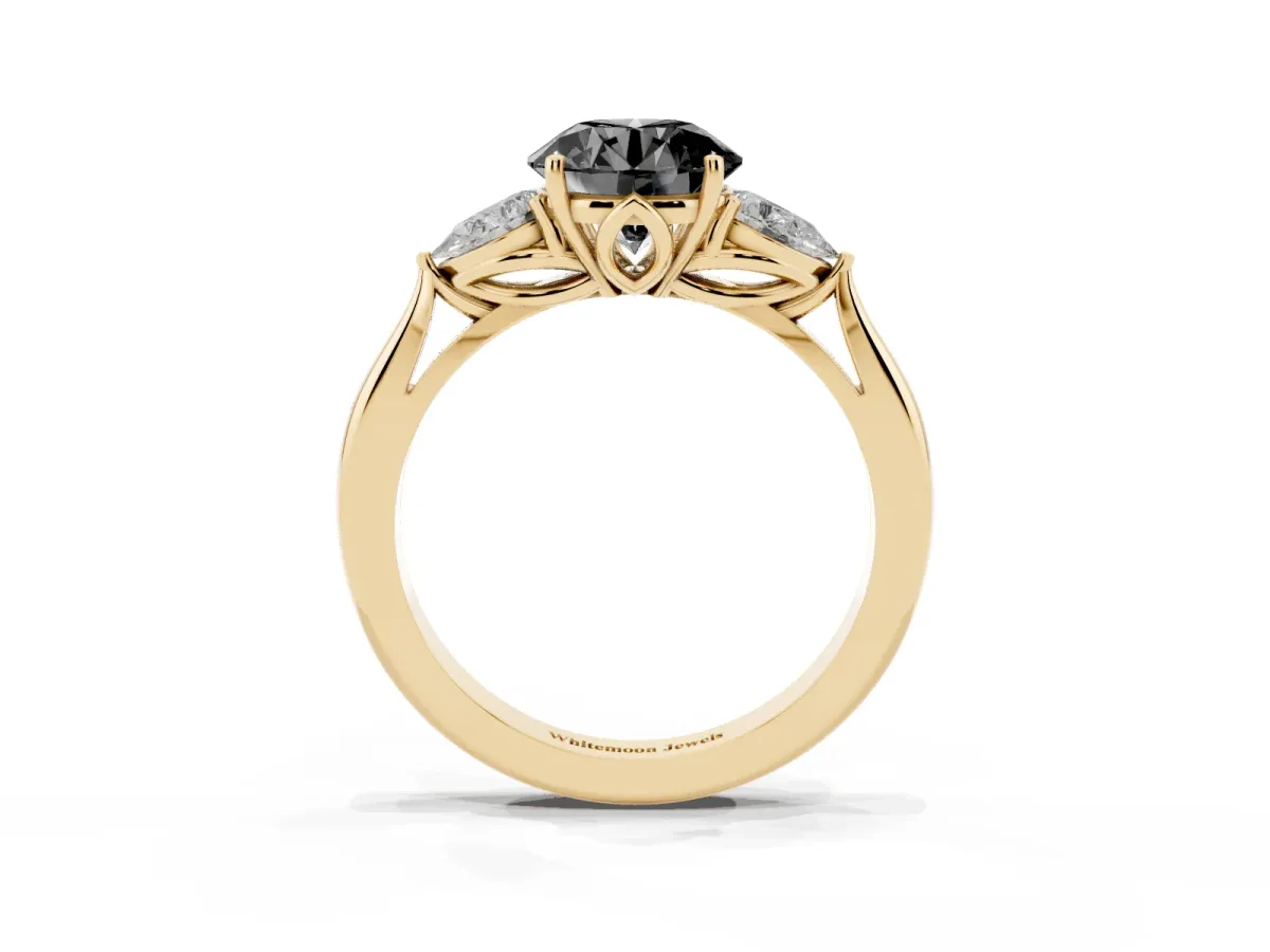 Fancy Black Three-Stone Round Cut Brilliant Diamond Solitaire Ring with Tapered Band and Four-Prong Setting Yellow gold