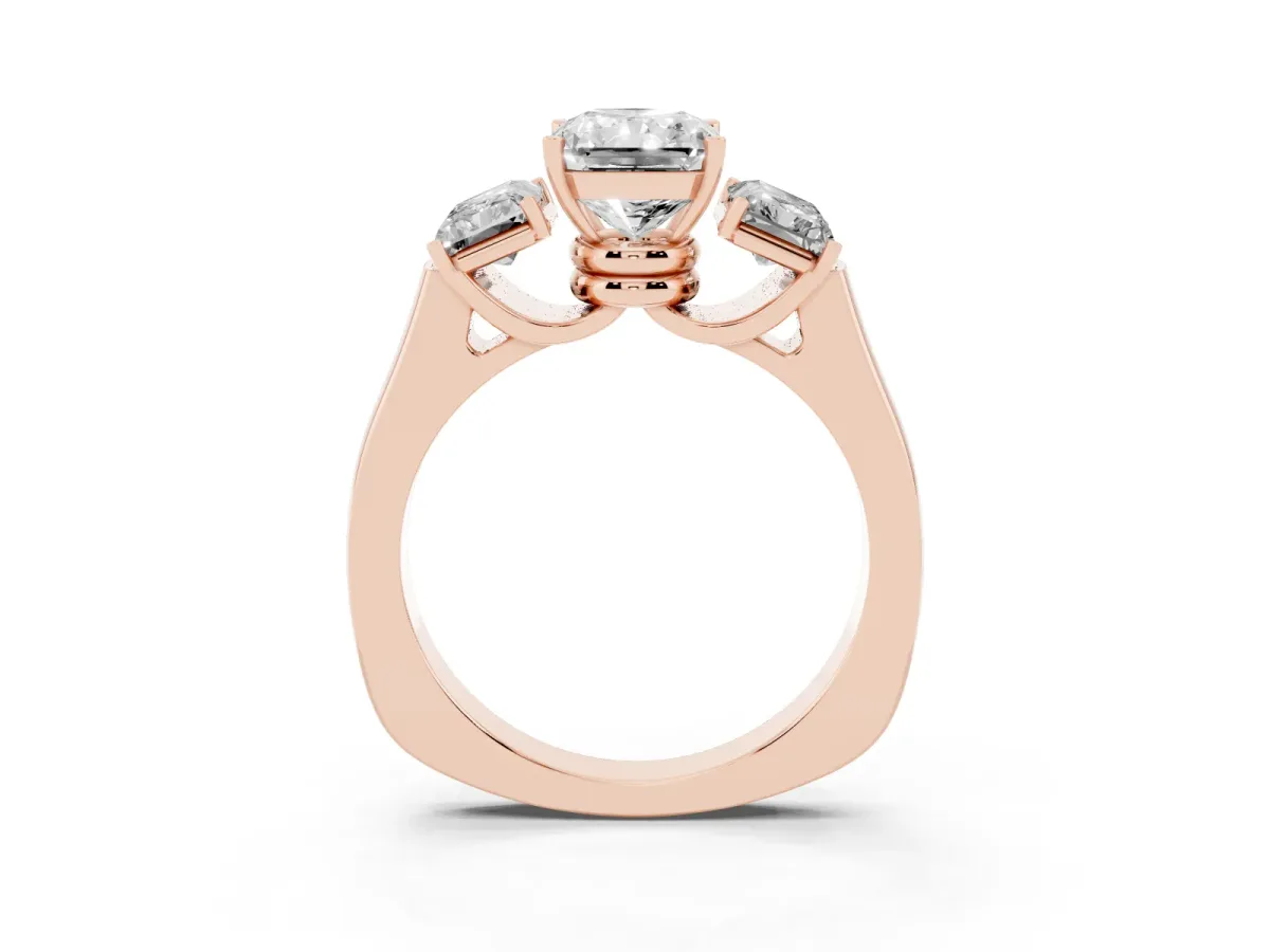 Three-Stone Radiant Cut Brilliant Diamond Trellis Ring with Comfort Fit Band Rose gold