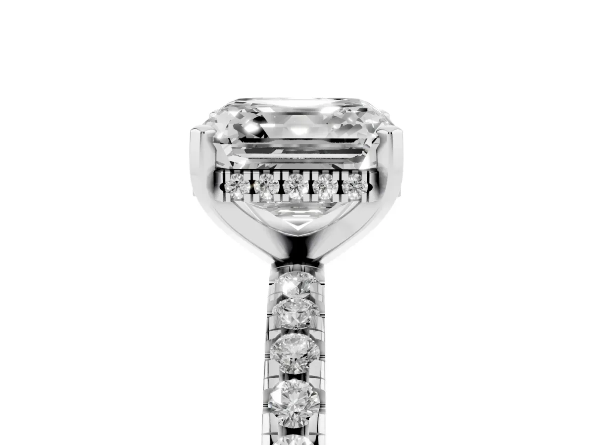 Asscher Cut Diamond Solitaire Ring with Round Pavé Band and Four-Prong Setting Silver