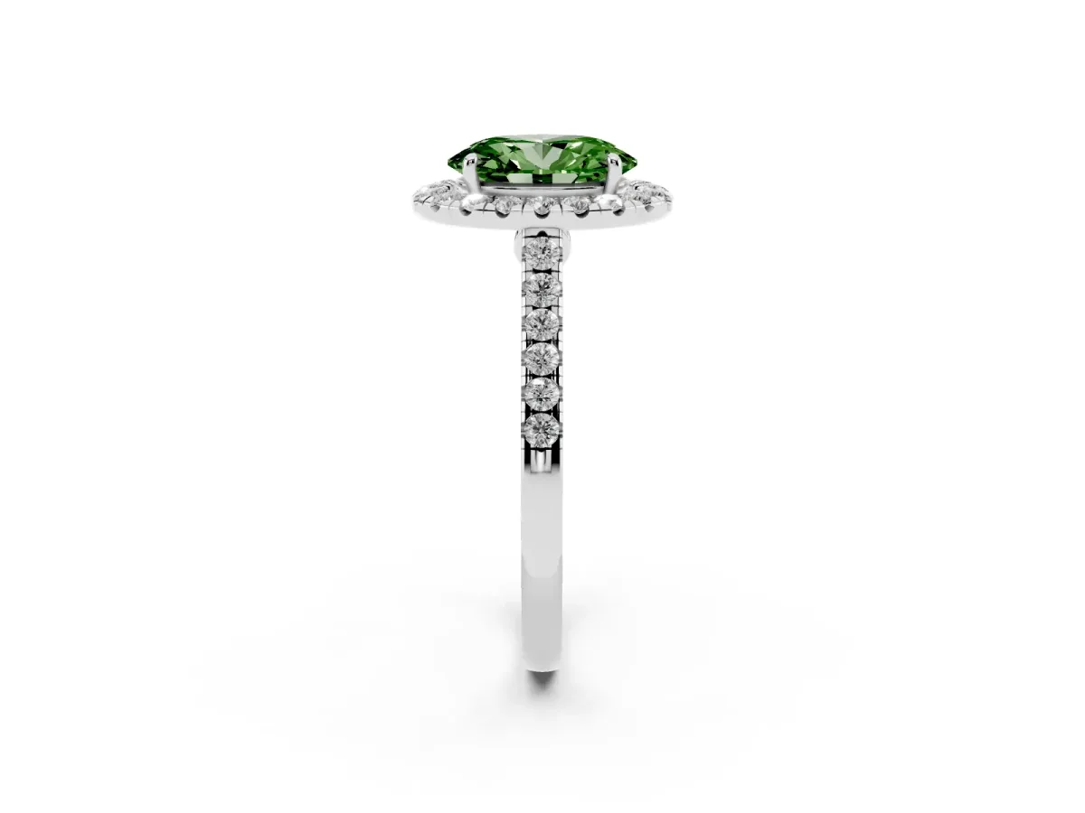 Fancy Green Oval Cut Halo Pave Diamond Engagement Ring with Four-Prong Setting Silver