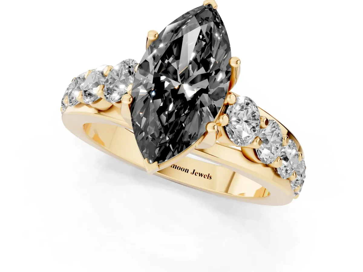 Fancy Black Marquise Cut Diamond Engagement Ring with Pavé Band and Four-Prong Setting Yellow gold