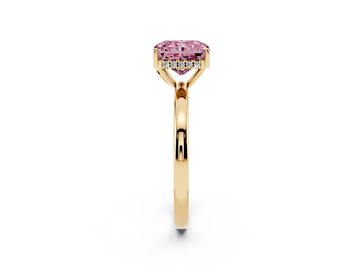 Fancy Pink Radiant Cut Solitaire Diamond Ring with Prong Setting and Plain Band Yellow gold
