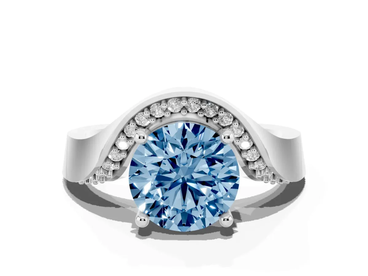 Fancy Blue Round Cut Solitaire Diamond Engagement Ring with Pave Band and Four-Prong Setting Platinum