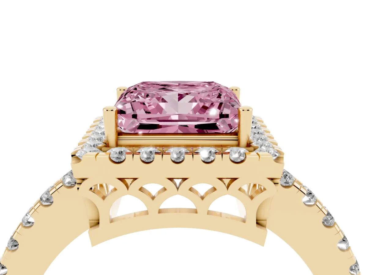 Fancy Pink Princess Cut Halo Diamond Engagement Ring with Pavé Band and Four-Prong Setting Yellow gold