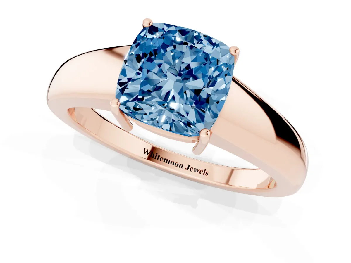 Fancy Blue Cushion Cut Solitaire Diamond Ring with Tapered Band and Four-Prong Setting Rose gold