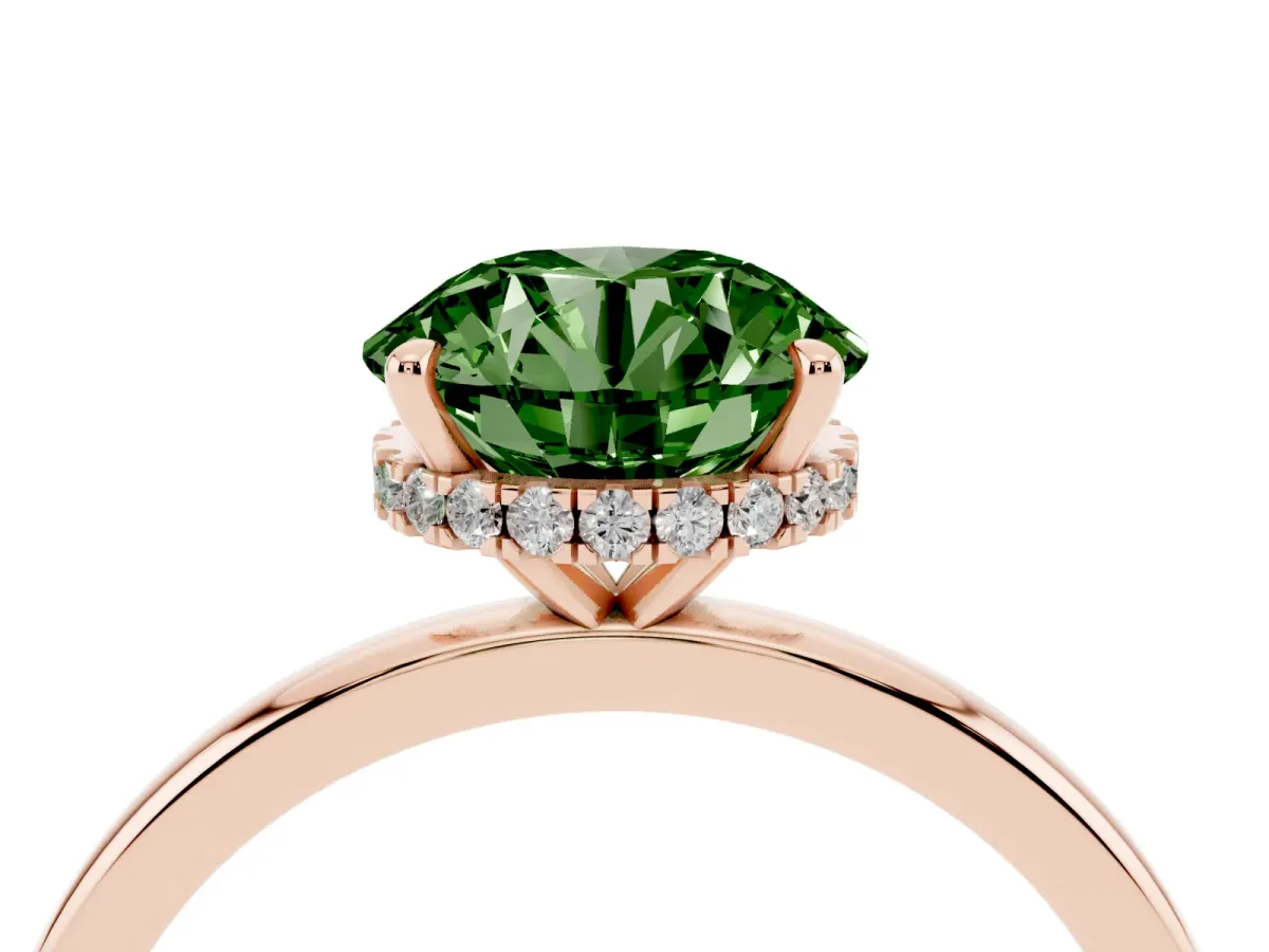 Fancy Green Round Cut Solitaire Engagement Ring with Cathedral Band and Four-Prong Setting Rose gold