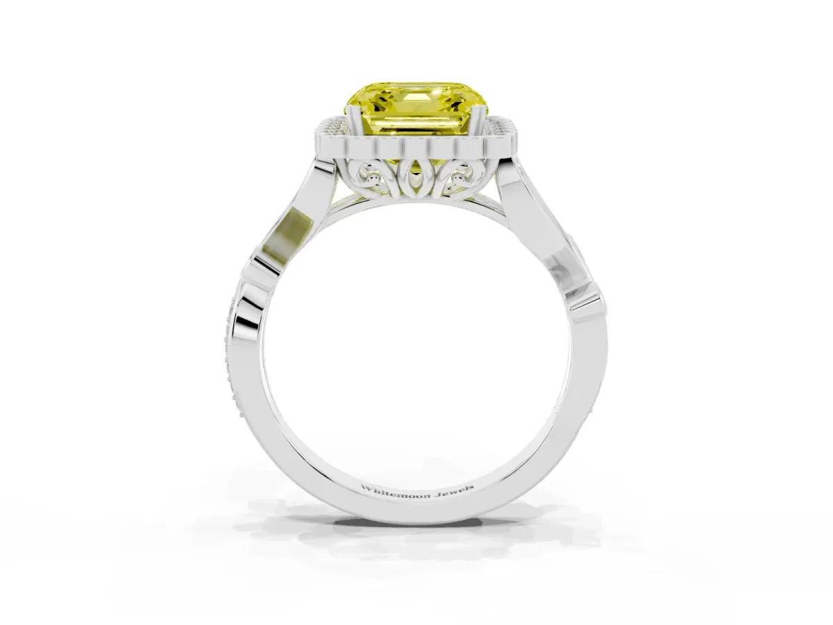 Fancy Yellow Asscher Cut Diamond Halo Ring with Vintage Split Shank and Four-Prong Setting Silver