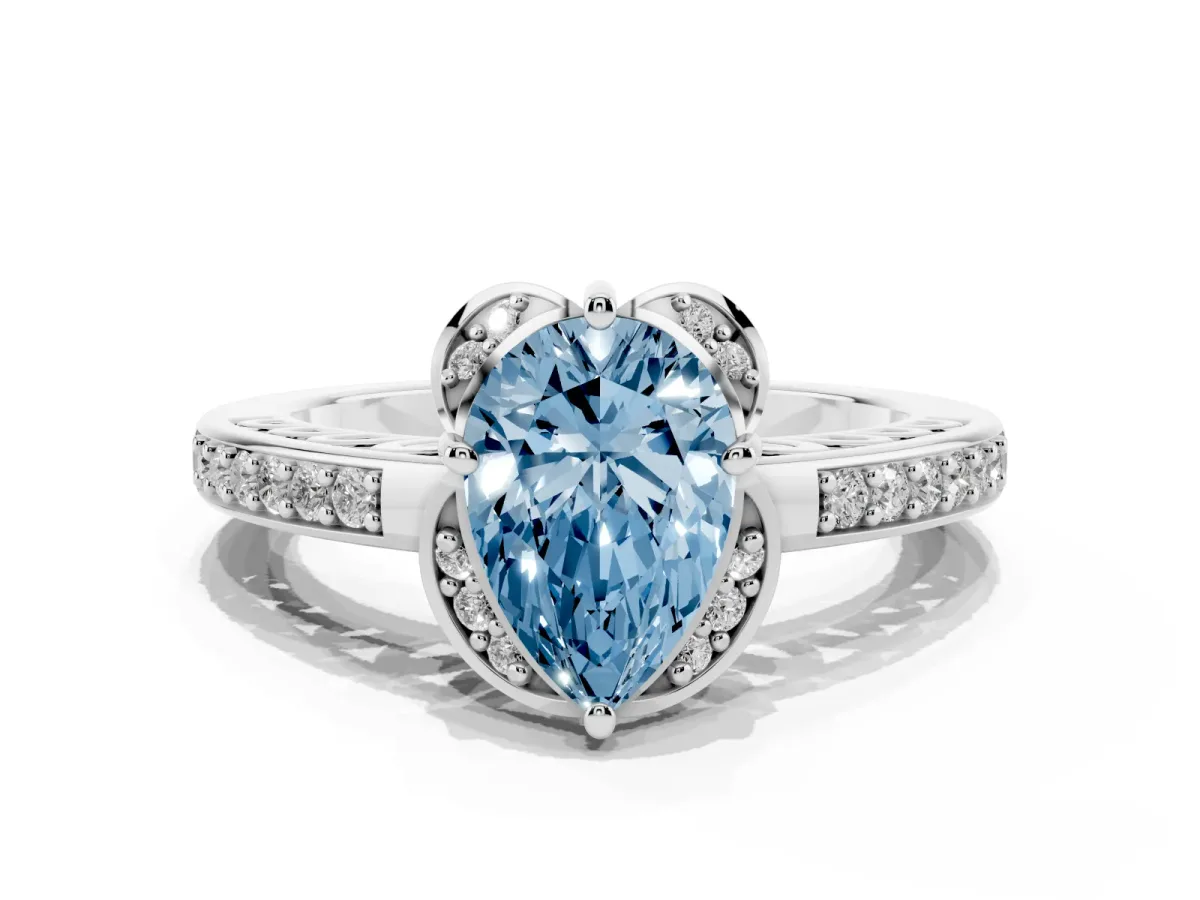 Fancy Blue Pear Cut Cut Halo Diamond Ring with Channel Set Band and Four-Prong Setting Silver