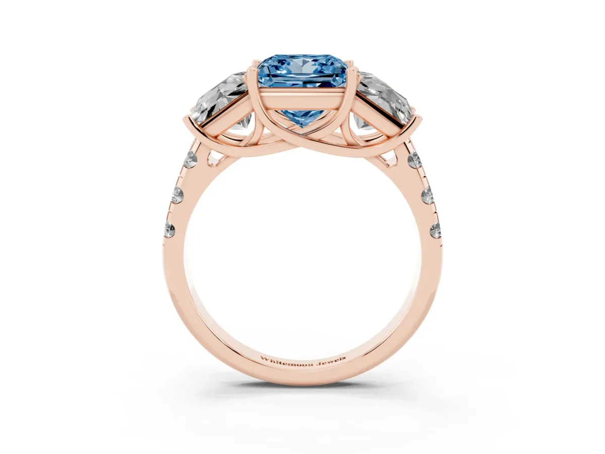 Fancy Blue Three-Stone Princess Cut Diamond Pavé Band with Prong Setting Rose gold
