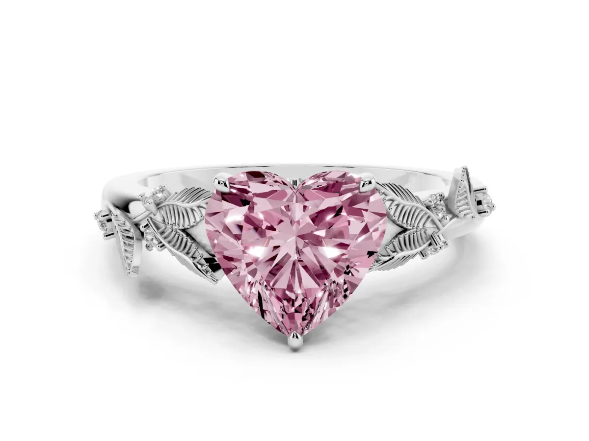 Fancy Pink Heart Cut Diamond Solitaire Ring with Leaf Motif Band and Four-Prong Setting Silver