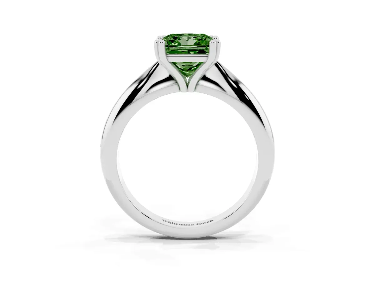 Fancy Green Princess Cut Cut Solitaire Engagement Ring with Tapered Band and Four-Prong Setting Silver