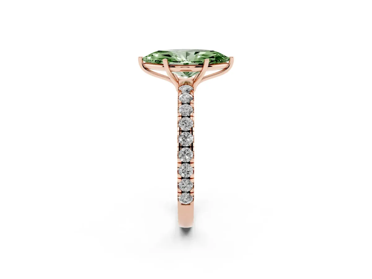 Fancy Green Marquise Cut Diamond Pavé Solitaire Engagement Ring with Four-Prong Setting Rose gold