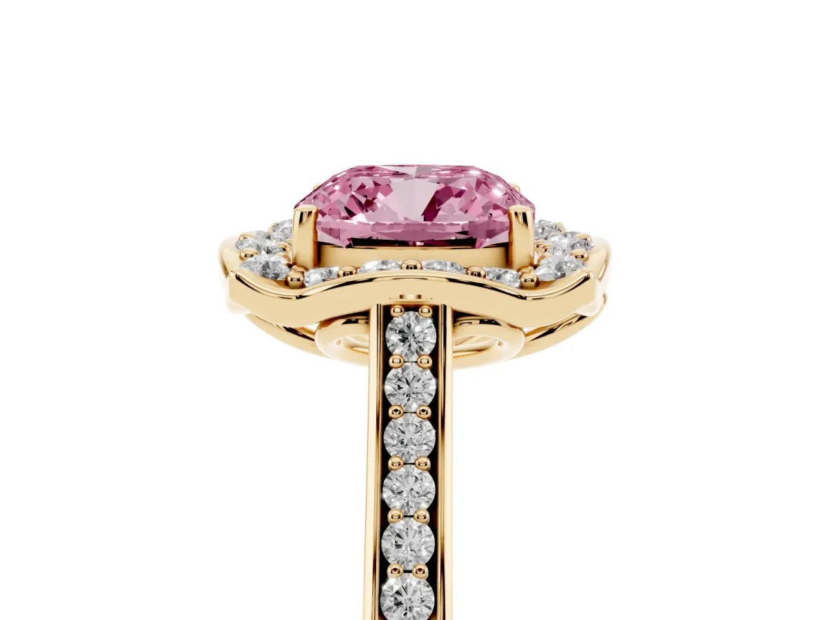 Fancy Pink Cushion Cut Halo Round Diamond Pave Band with Four-Prong Setting Yellow gold
