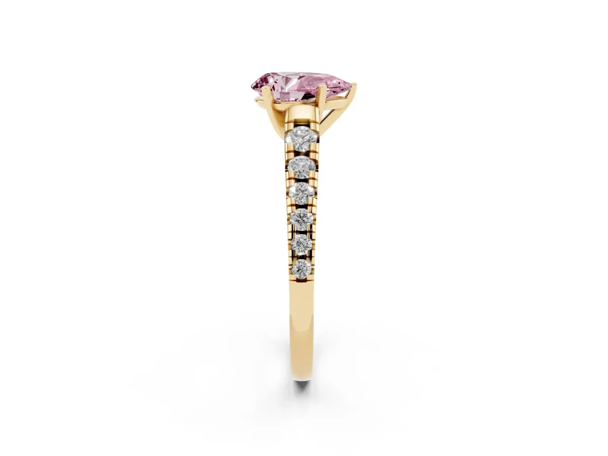 Fancy Pink Pear Cut Diamond Cathedral Solitaire Ring with Round Pavé Band Yellow gold