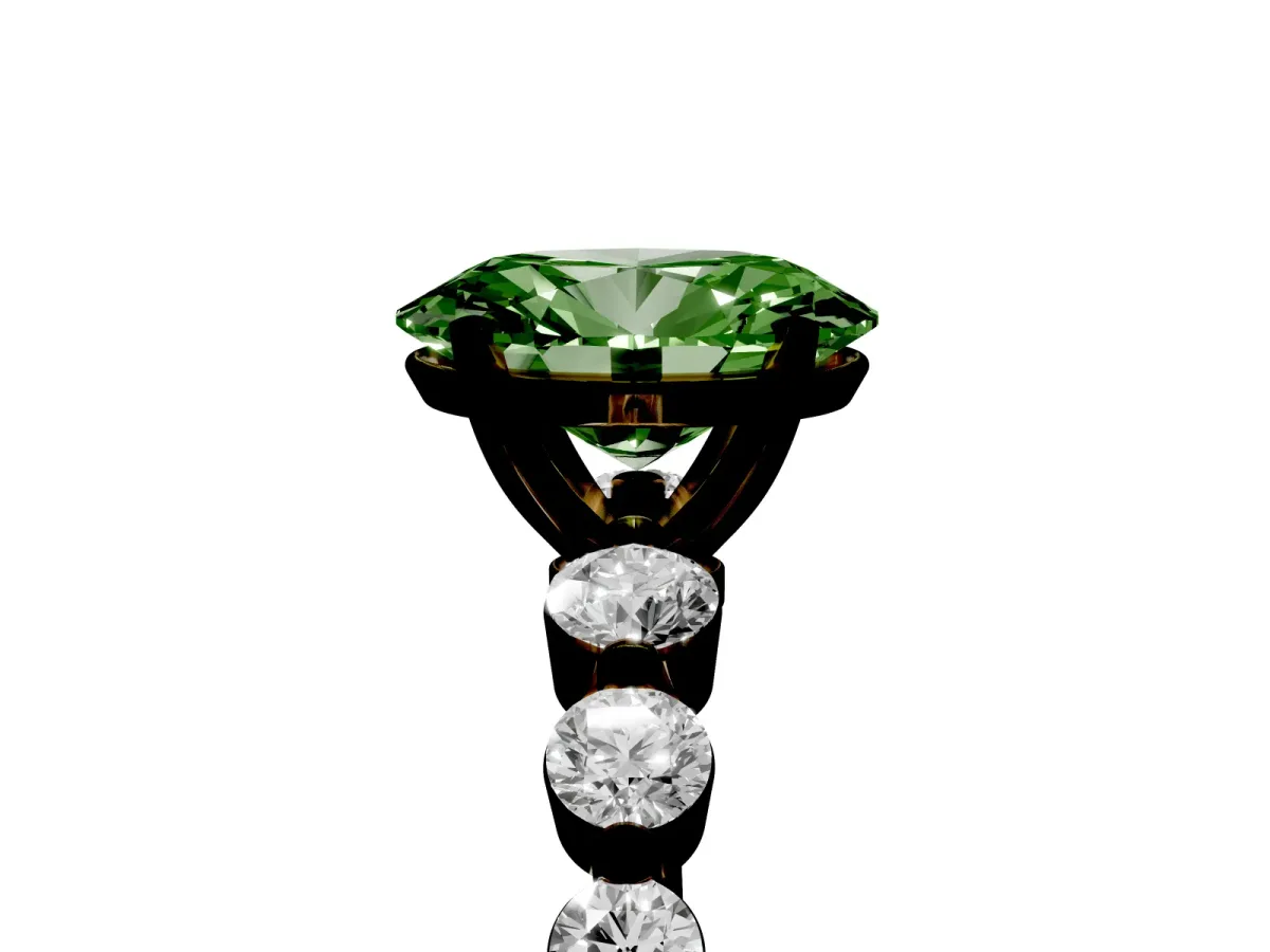 Fancy Green Oval Cut Solitaire Diamond Ring with Pave Band and Four-Prong Setting Yellow gold