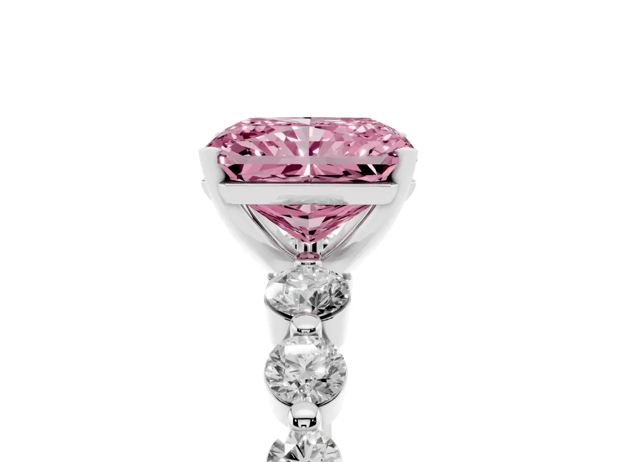 Fancy Pink Radiant Cut Solitaire Diamond Ring with Pave Band and Four-Prong Setting Silver