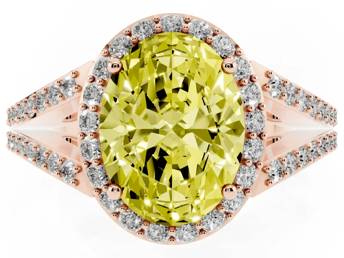 Fancy Yellow Oval Cut Halo Split Shank Diamond Ring with Prong Setting Rose gold