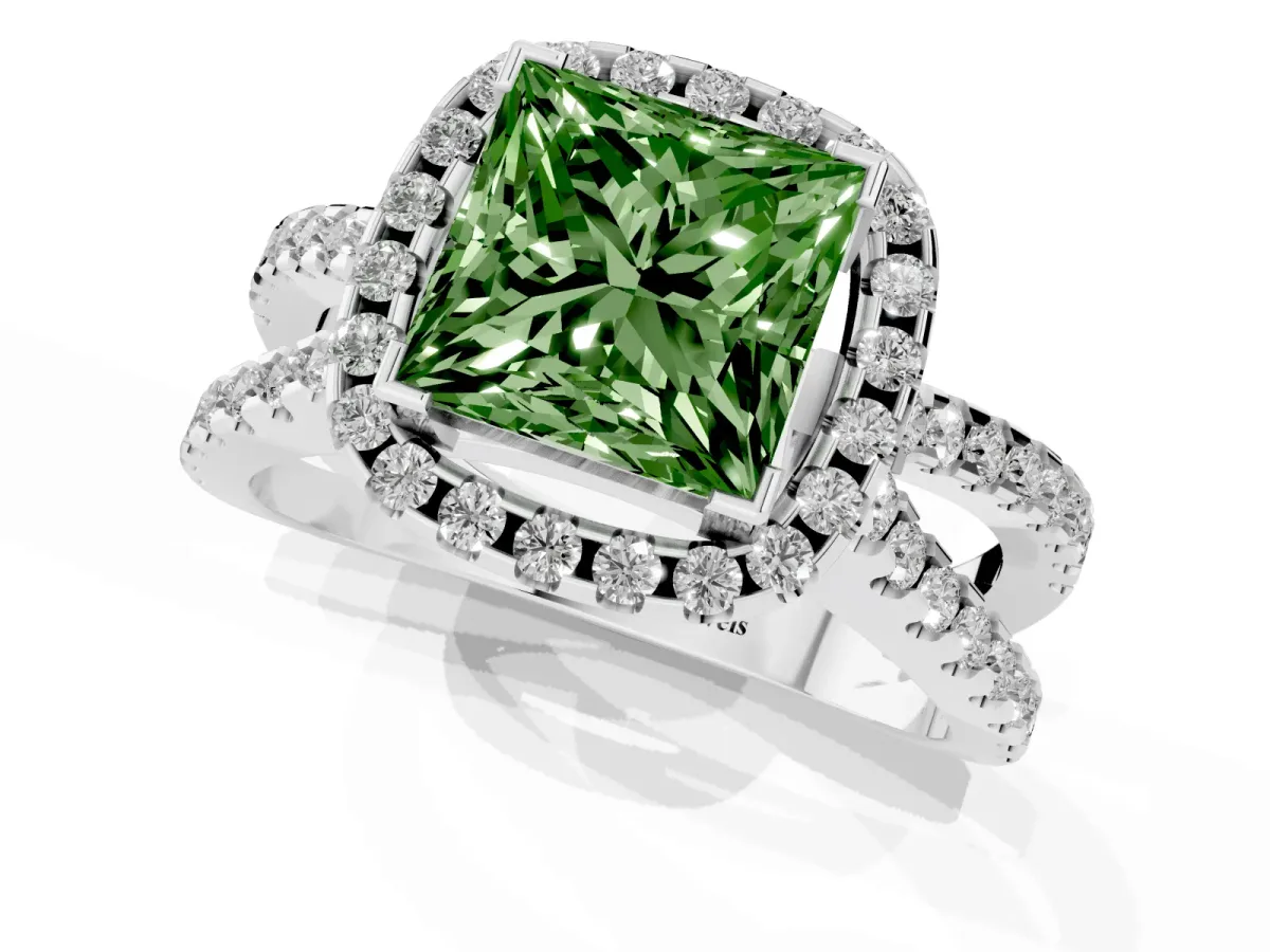 Fancy Green Princess Cut Diamond Halo Ring with Split Shank Pavé Band and Prong Setting Silver