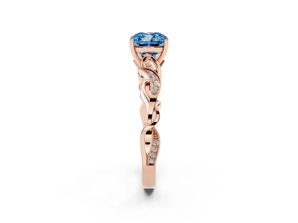 Fancy Blue Cushion Cut Solitaire Vine Band with Milgrain Prong Setting Rose gold