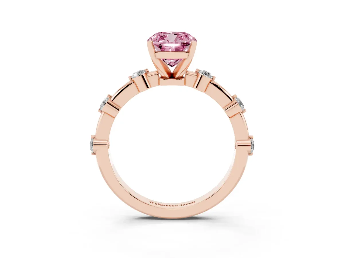 Fancy Pink Cushion Cut Solitaire Diamond Ring with Bezel Set Side Stones and Prong Setting Rose gold