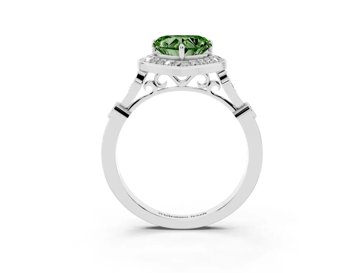 Fancy Green Heart Cut Halo Diamond Engagement Ring with Twisted Band and Four-Prong Setting Platinum