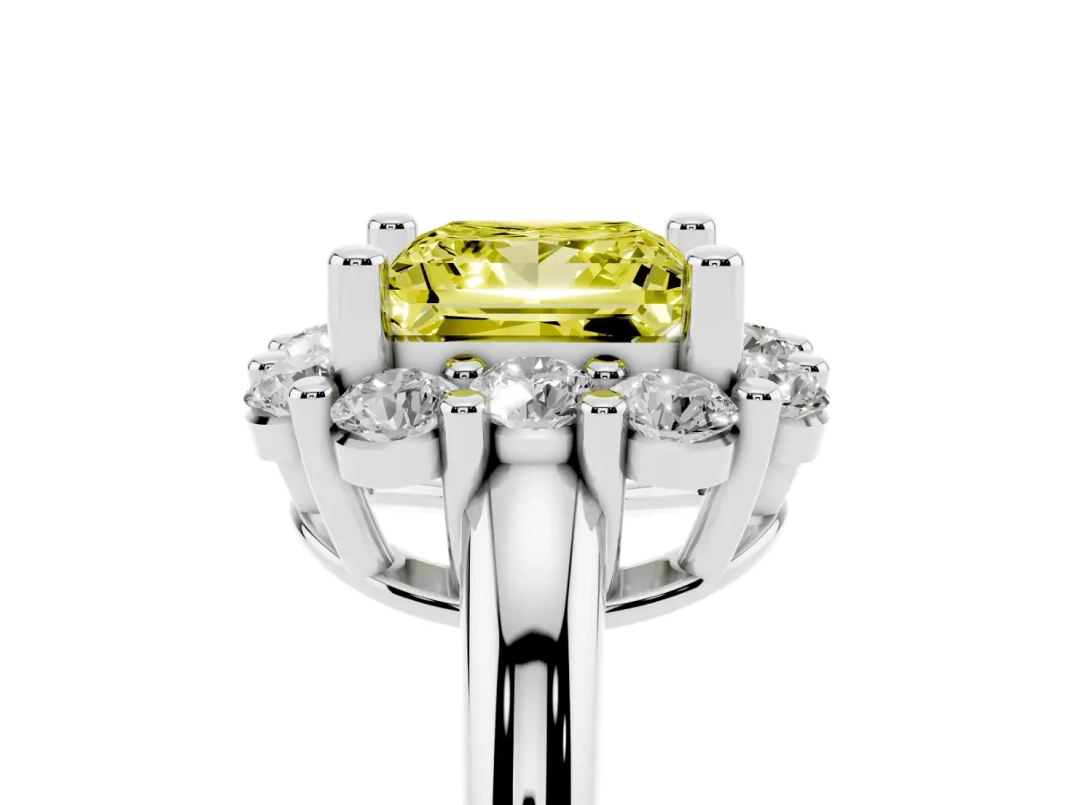 Fancy Yellow Princess Cut Halo Cluster Diamond Engagement Ring with Prong Setting and Polished Band Platinum