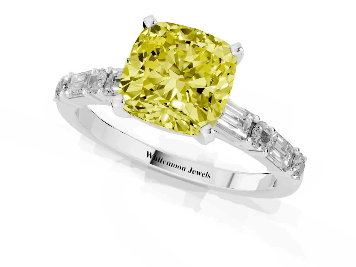 Fancy Yellow Cushion Cut Diamond Solitaire with Side Baguettes and Channel Set Band White gold