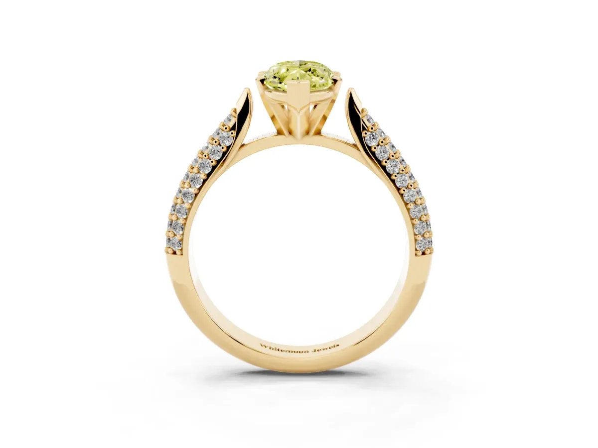 Fancy Yellow Marquise Cut Diamond Solitaire Engagement Ring with Multi-Row Round Pavé Band and Prong Setting Yellow gold