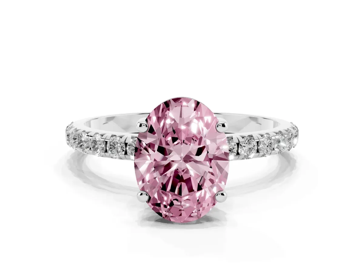 Fancy Pink Oval Cut Cut Diamond Solitaire Ring with Micro Pave Band and Four Prong Setting Silver