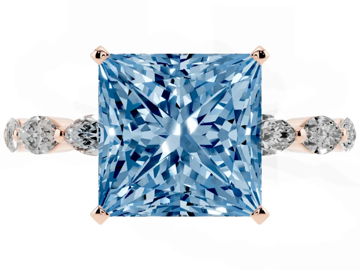 Fancy Blue Princess Cut Diamond Ring with Marquise Side Stones and Prong Setting Rose gold