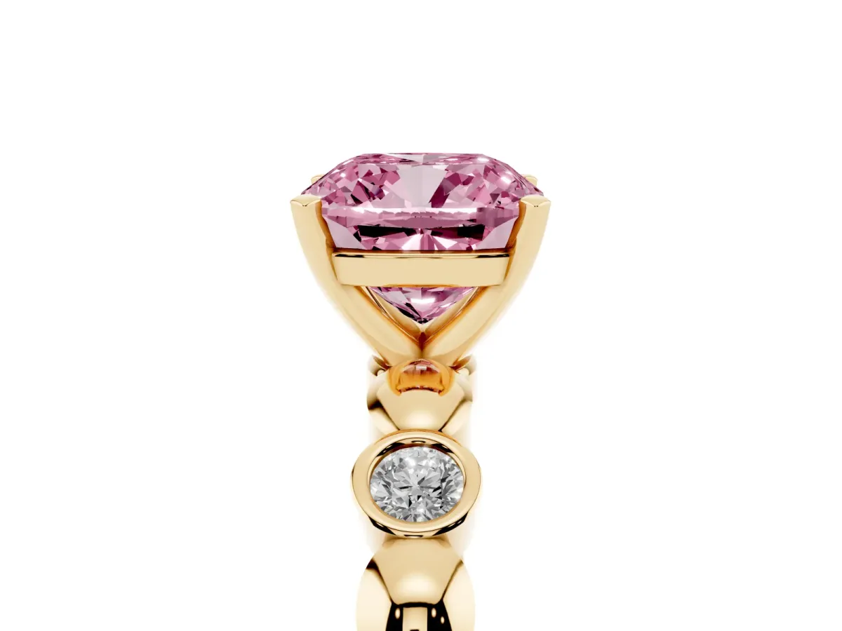 Fancy Pink Cushion Cut Solitaire Bezel-Set Diamond Ring with Beaded Band and Four-Prong Setting Yellow gold