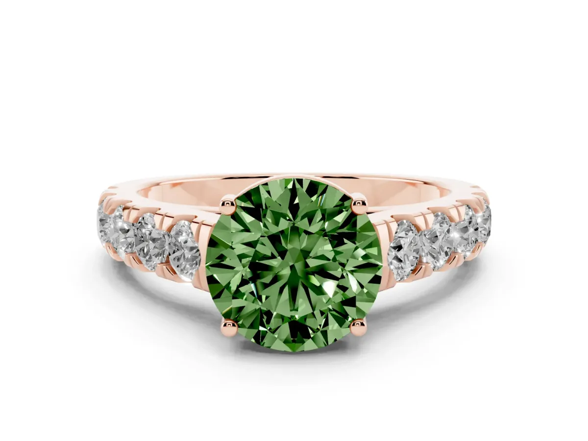 Fancy Green Round Cut Cut Diamond Solitaire Ring with Micro Pave Band and Prong Setting Rose gold