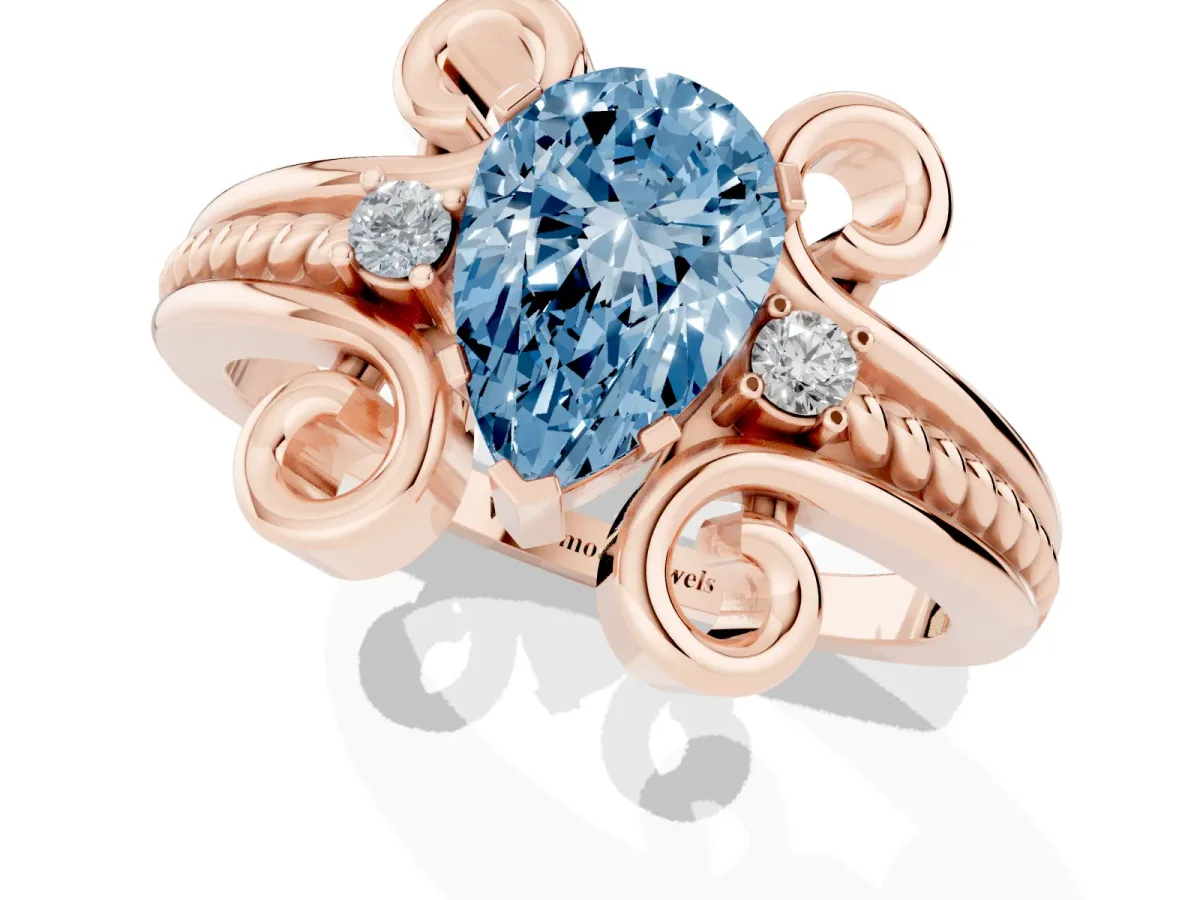 Fancy Blue Pear Cut Solitaire Twisted Band Scroll Prong Ring Rose gold