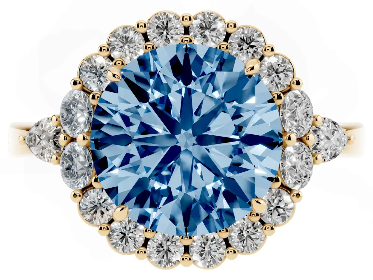 Fancy Blue Round Cut Diamond Halo Ring with Pear Side Stones and Prong Setting Yellow gold