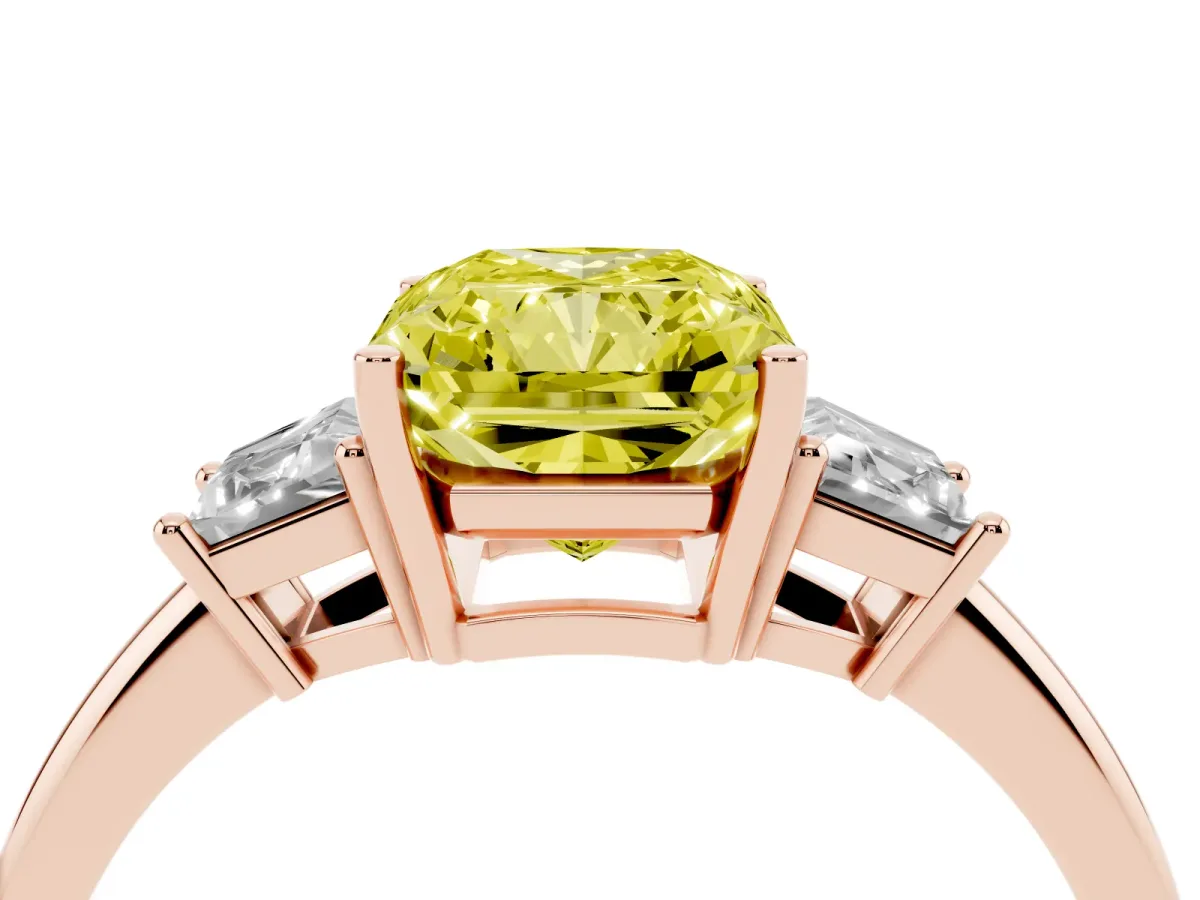 Fancy Yellow Radiant Cut Diamond Three-Stone Ring with Trapezoid Side Stones and Prong Setting Rose gold