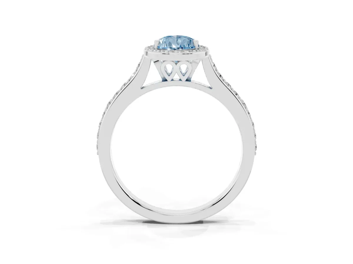 Fancy Blue Pear Cut Diamond Halo Engagement Ring with Round Pavé Shoulders and Prong Setting Platinum