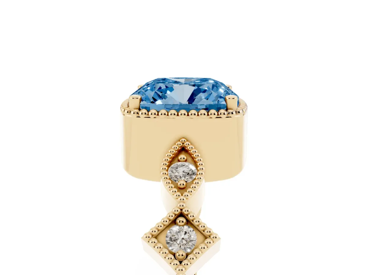 Fancy Blue Cushion Cut Milgrain Marquise Diamond Twist Band Ring Yellow gold