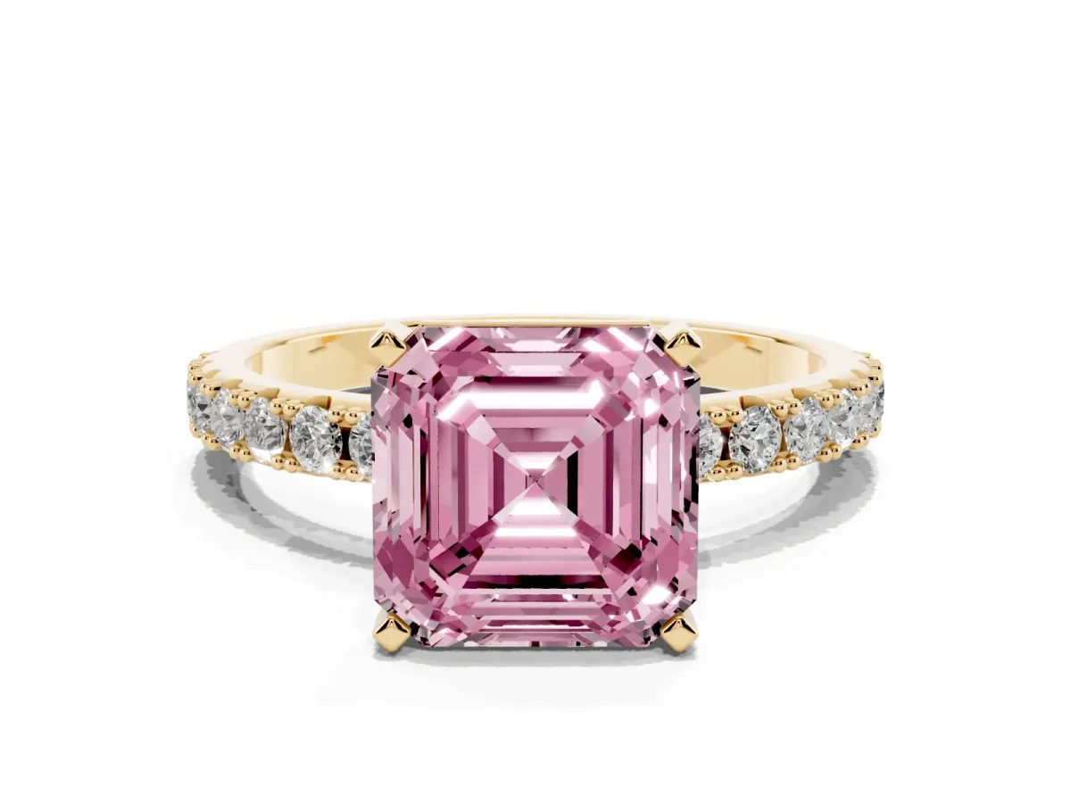Fancy Pink Asscher Cut Diamond Solitaire Pavé Band with Four-Prong Setting Yellow gold