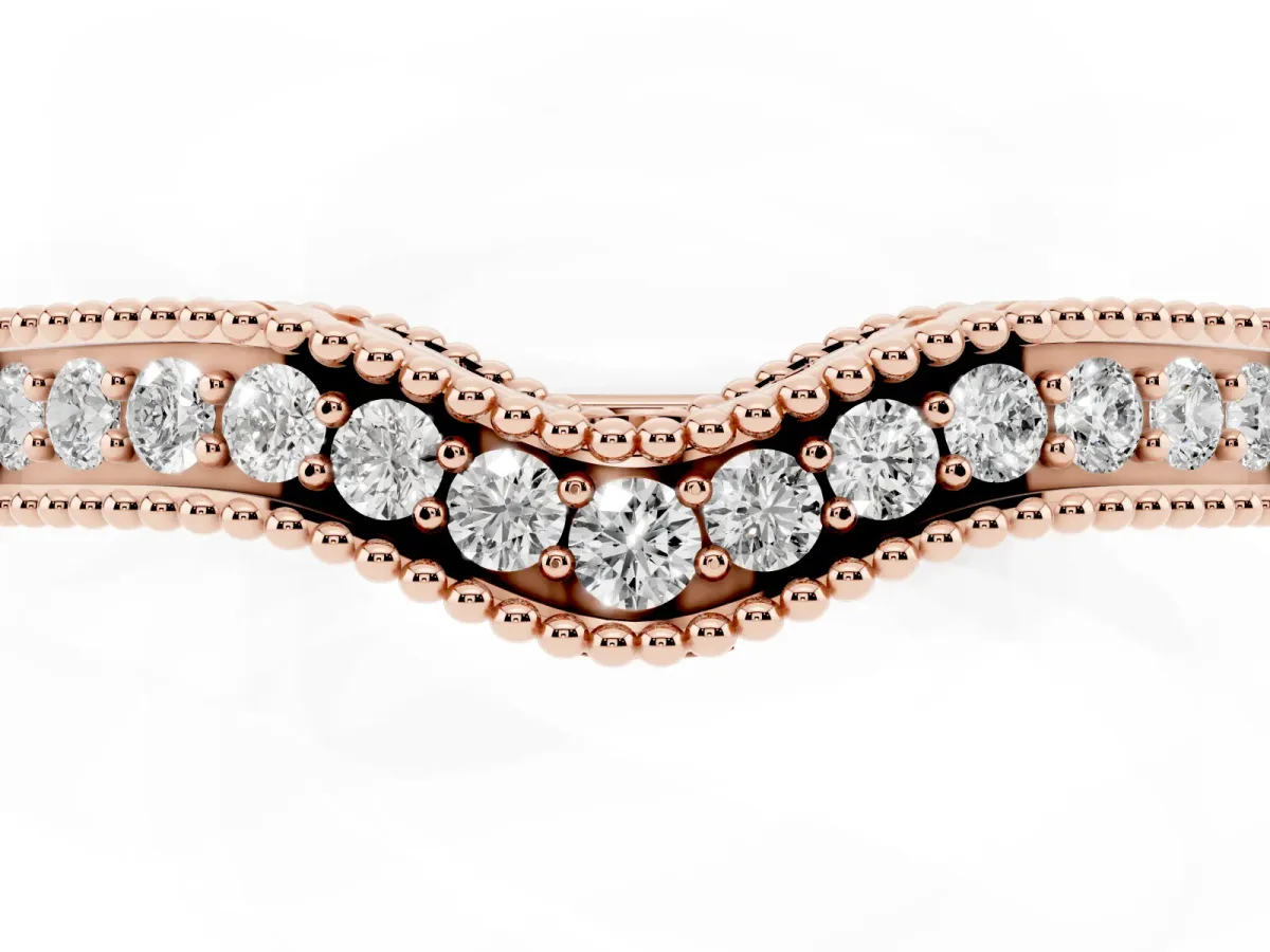 Pave Round Diamond Curved Milgrain Band Rose gold