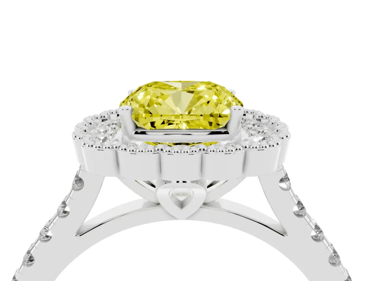 Fancy Yellow Cushion Cut Cut Diamond Milgrain Floral Halo Engagement Ring with Pavé Band White gold