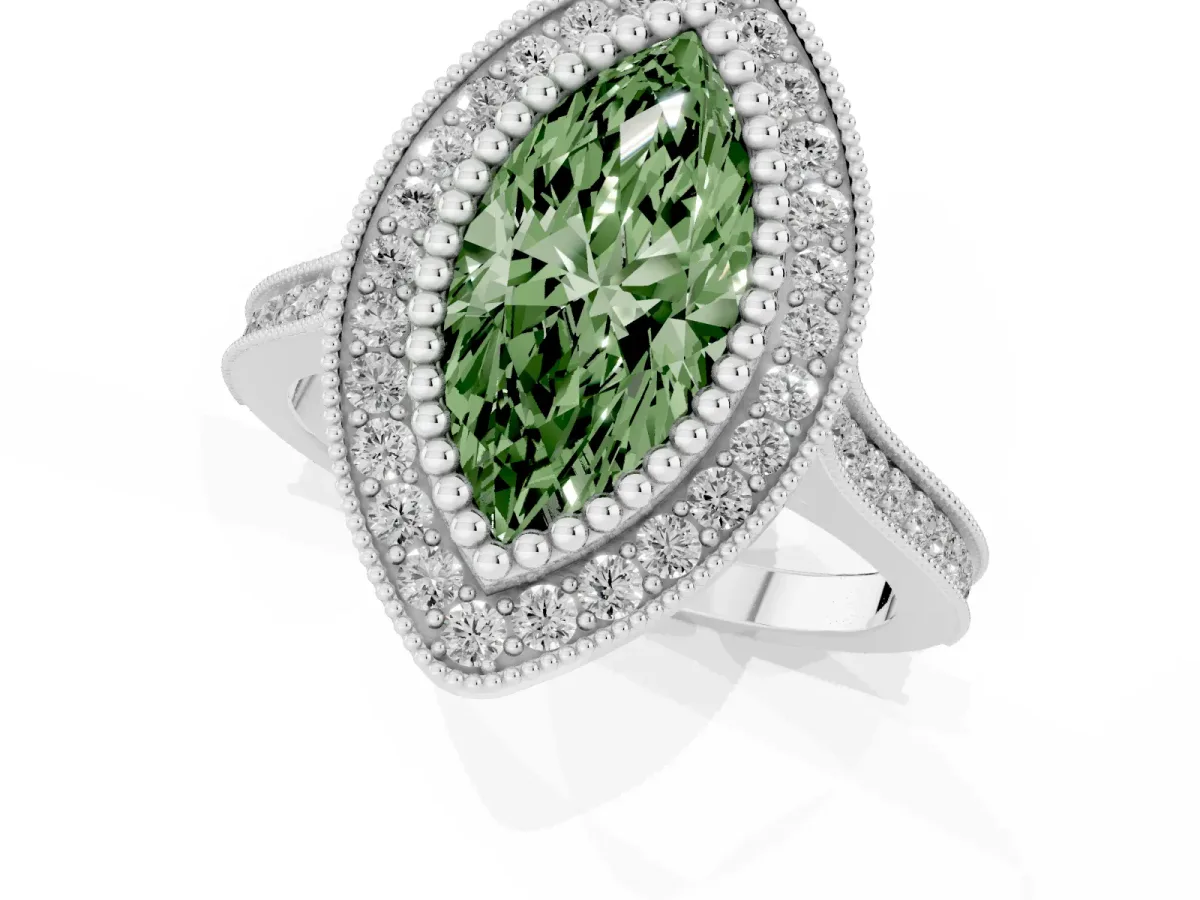 Fancy Green Marquise Cut Diamond Halo Ring with Milgrain Frame and Pavé Band Silver