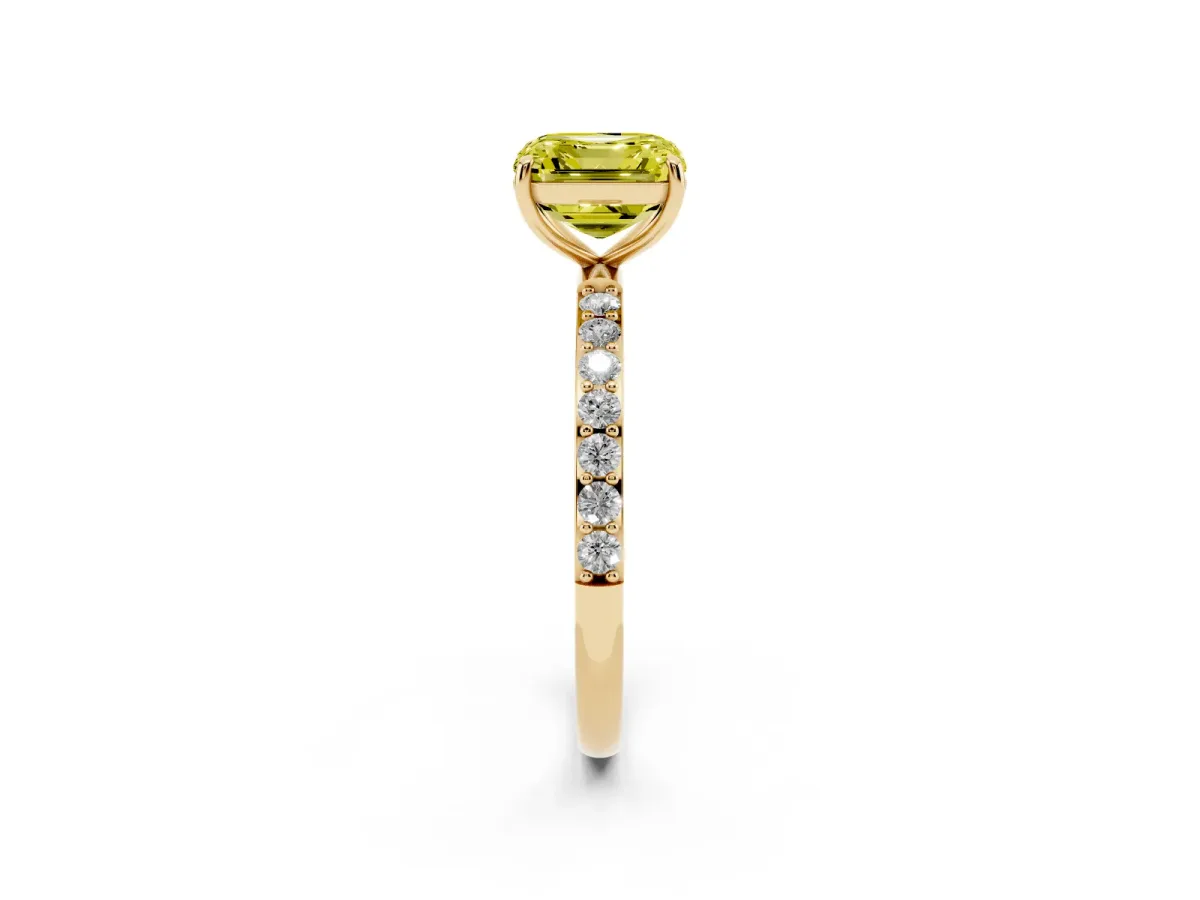 Fancy Yellow Asscher Cut Diamond Solitaire Ring with Round Pavé Shoulders and Prong Setting Yellow gold