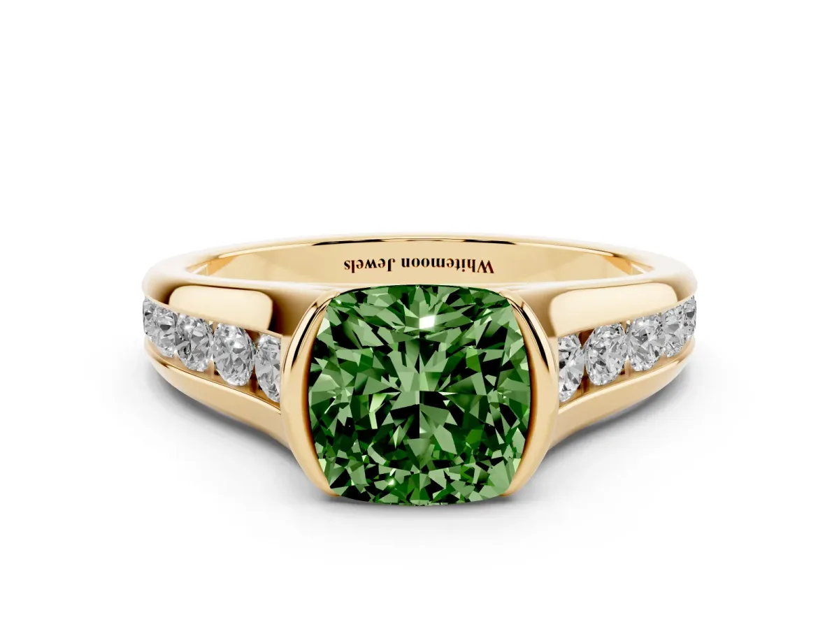 Fancy Green Cushion Cut Solitaire Bezel-Set Diamond Ring with Channel-Set Band Yellow gold