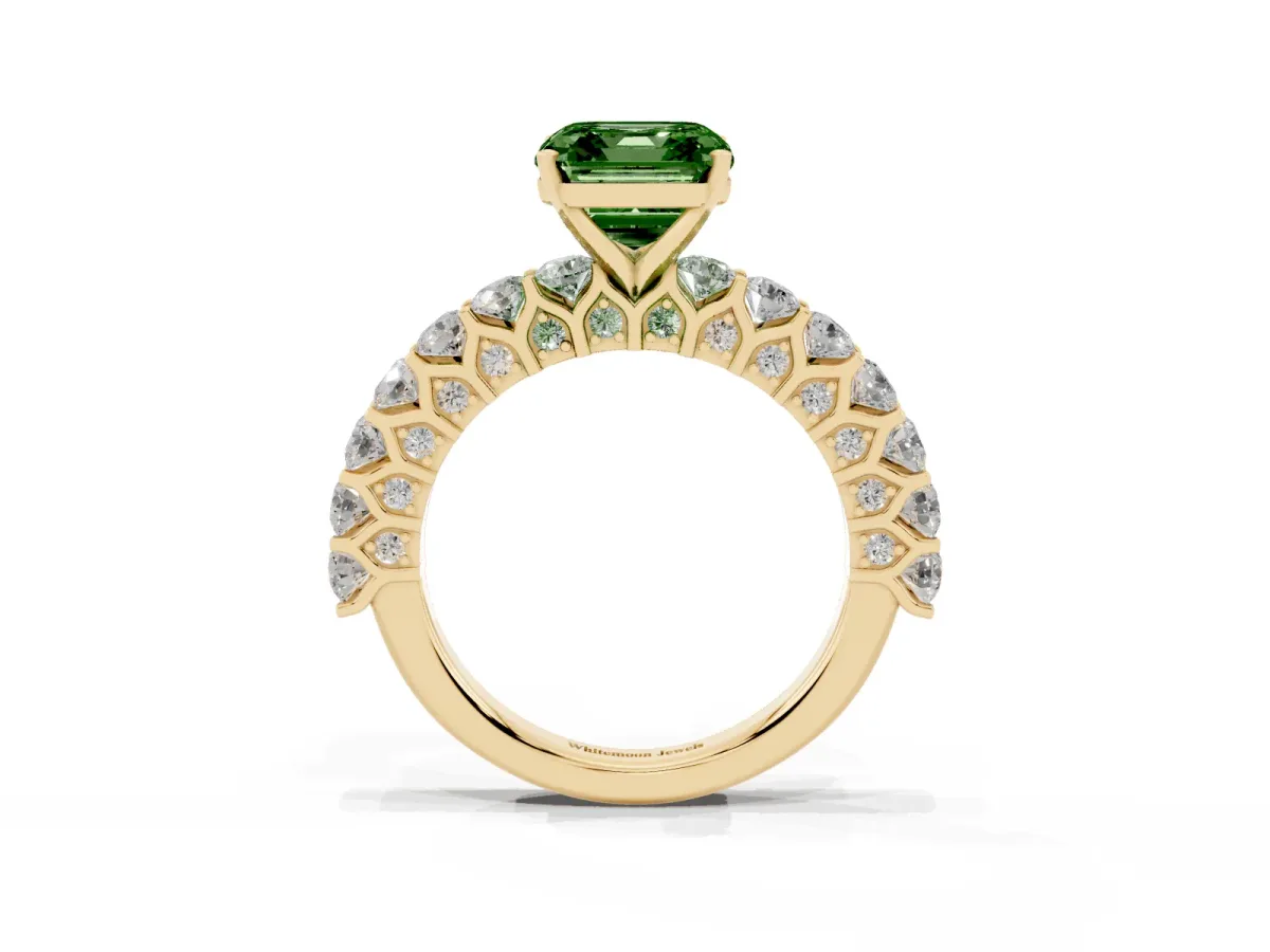 Fancy Green Asscher Cut Diamond Solitaire Ring with Shared Prong Pavé Band and Four-Prong Setting Yellow gold